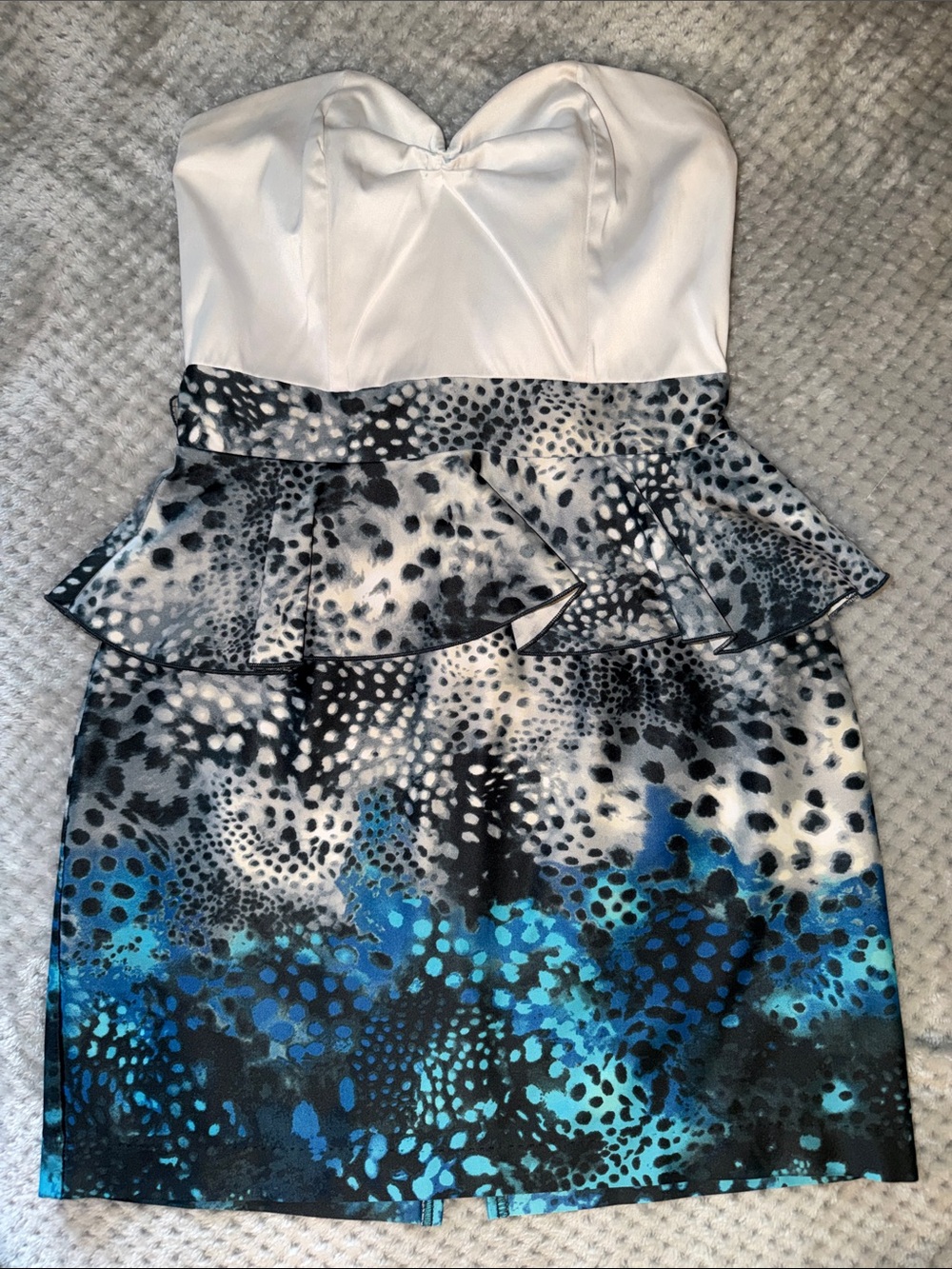 White Strapless Peplum Dress with Blue Spot Print